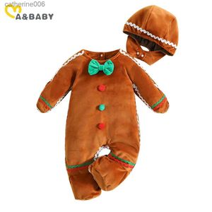 Jumpsuits ma baby 0-24M Kerst Baby Romper Pasgeboren Baby Jongen Meisje Gingerbread Man Kostuums + Hoed Jumpsuit met lange mouwen KerstkledingL231101