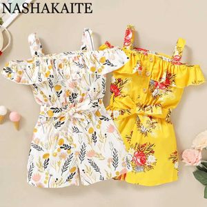 Jumpsuits Nashakaite Girls Jumpsuit Ruches Off Shouler Print met riem peuter meisje jumpsuit zomer overalls kinderen romper outfits voor 1-4 jaar y240520zakt