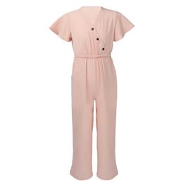 Jumpsuits Oyolan Childrens Algemeen 2021 Zomer nieuwe meisjes jumpsuit v-neck geplooide mouwen kinderen jumpsuit casual jeugd jumpsuit y240520legs