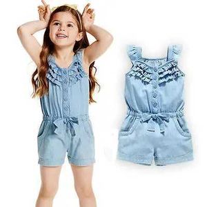 Jumpsuits kleuterschoolmeisjes katoen gewassen boog jeans denim casual boog jumpsuit citaat 1-5y y240520wjvs