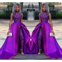 Jumpsuits prom met paarse jurken afneembare trein hoge nek kanten toegewezen kraal avondje Afrikaanse feestjurken plus maat