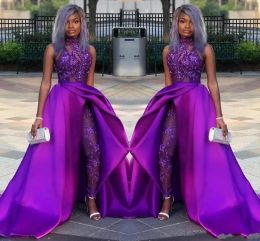 Combinaisons violet robes de bal avec traîne détachable col haut dentelle appliqué perle soirée robes de soirée africaines grande taille