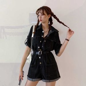 Monos Mamelucos Oversize Cintura alta Manga corta Negro Solapa Denim RompersPlaysuits Cinturón Retro Recto Suelto Piernas anchas Salvaje 210610