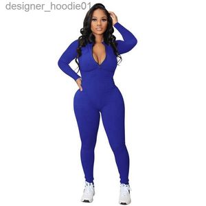 Jumpsuits Rompertjes Dames Dames Jumpsuits 2023 Nieuwe Designer Gebreide Rib Bodycon Fitness Speelpakje Sportkleding Lange Mouw Rits Body Borduren Rompertjes 7 Kleuren L2309