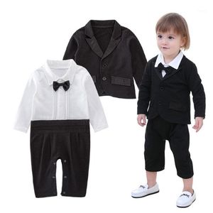 Combinaisons Printemps 2022 Bébé Garçons Messieurs Vêtements De Mariage Costume Noir Noeud Papillon À Manches Longues Barboteuse + Veste Parti Gentleman Costume Formel