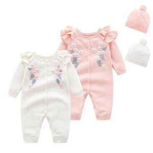 Combinaisons printemps infantile bébé filles broder barboteuses chapeau automne à manches longues né mignon tricot vêtements combinaisons