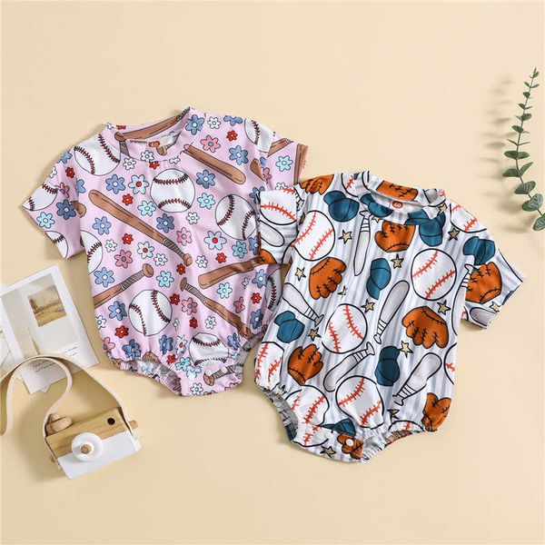 Combinaisons été bébé nouveau-né bébé garçon fille manches courtes baseball fleur imprimer combinaison vêtements de mode pour enfants G220606