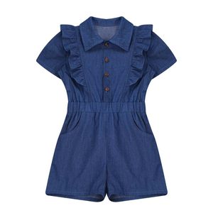 Combinaisons été adolescent enfants filles Denim barboteuse combinaison courte couleur unie décontracté enfants vêtements salopette 6-14 ans