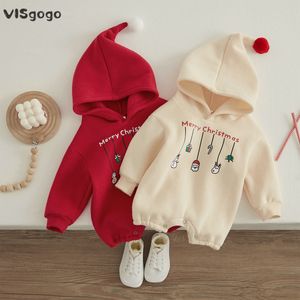 Jumpsuits VISgogo Infant Baby Boys Girls Christmas Romper Long Sleeve Thicken Hooded Letters Print Jumpsuit Fall Winter Clothes 230223