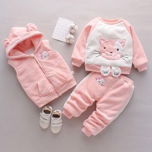 Monos de invierno para niños, conjuntos de ropa para niñas, 3 uds., trajes deportivos, sudaderas con capucha de lana gruesa, chaleco, pantalones, conjunto de ropa de algodón para niños pequeños TZ33