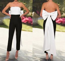 Jumpsuits dames prom formele jurk 2023 enkel lengte mouwloos strapless met boogavond feestjurken zwart/witte mantel de soiree
