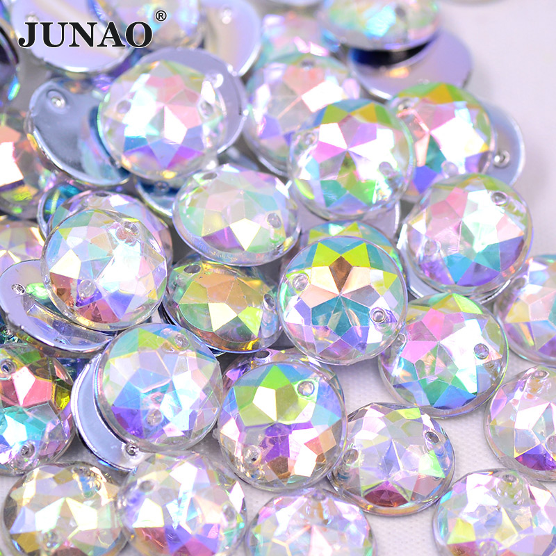 JUNAO 6 8 10 12 18 20 30 52mm Sew On Clear AB Rhinestones Appliques Flatback Round Acrylic Crystal Stones Sewing Scrapbook Beads