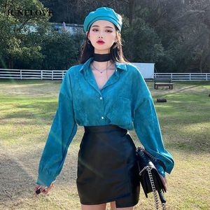 JuneLove Spring Women Pocket Lantern Sleeve Blouse Female Loose Blue Casual Corduroy Shirt Lady Turn Down Collar Korean Tops Women's Blouses
