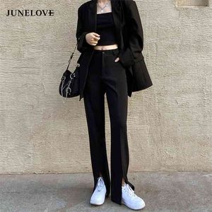 Junelove Vintage Lange Flare Broek Vrouwen Koreaanse Streetwear Sexy Hoge Taille Broek Dame Casual Front Split Bell Bottom Pant 210925