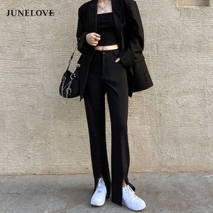 JuneLove Vintage Long Flare Pantalon Femmes Coréen Streetwear Sexy Taille Haute Pantalon Lady Casual Avant Split Cloche Bas Long Pantalon 210706