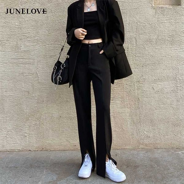 JuneLove Vintage Long Flare Pants Donna Coreano Streetwear Pantaloni sexy a vita alta Lady Casual Front Split Bell Bottom Long Pant 211216