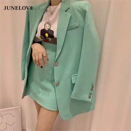 Junelove mujeres primavera traje de moda coreana oficina dama blazerskirts conjuntos falda de cintura alta de dos piezas de un solo pecho Outwears LJ200907