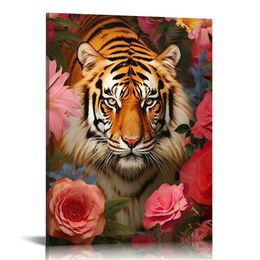 Jungle Animal Canvas Wall Art Lion Tiger Leopard Painting Safari Animal avec des fleurs Impressions Imparties vintage African Animal Head pour la décoration du bureau à domicile (Small)