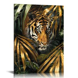 Jungle Animal Canvas Wall Art Tiger avec des feuilles d'or peignant images Africain Thème Implances pour le salon Dressing Room Decor Prêt à accrocher 