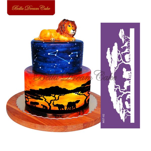 Jungle Animal Forest Lion Elephant Mesh Pochoir Fondant Dentelle Moule Gâteau Pochoir Gâteau Décoration Outils De Mariage Gâteau Décor Moule 210225