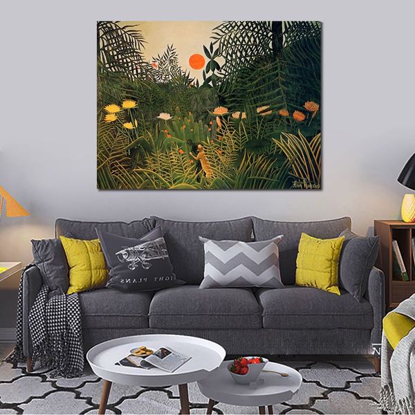 Jungle animaux toile mur Art peint à la main nègre attaqué par une jaguar Henri Rousseau peinture à vendre de haute qualité