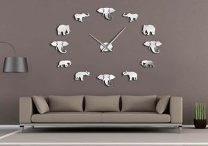 Animaux de la jungle éléphant bricolage grande horloge murale décor à la maison design moderne effet miroir géant sans cadre éléphants bricolage horloge montre Y2004211356