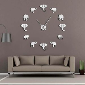 Animaux de la jungle Elephant Diy Grande horloge murale décoration intérieure Miroir de conception moderne Effet géant d'éléphants sans cadre diy montre Y2005338388