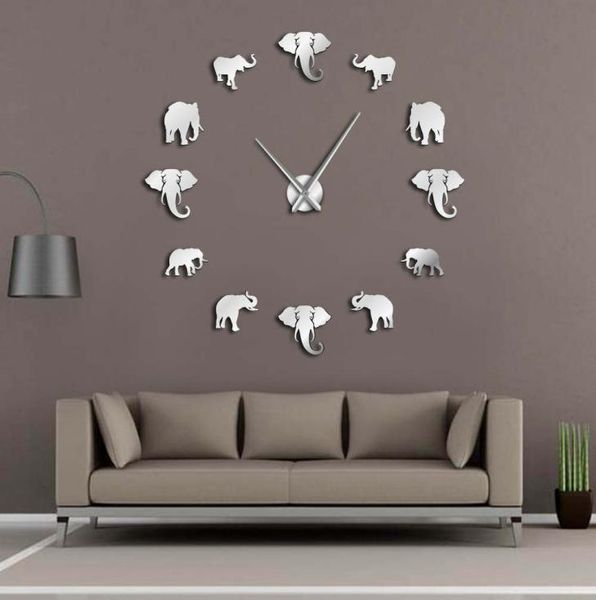 Animaux de la jungle éléphant bricolage grande horloge murale décor à la maison Design moderne effet miroir géant sans cadre éléphants bricolage horloge montre Y2008100329