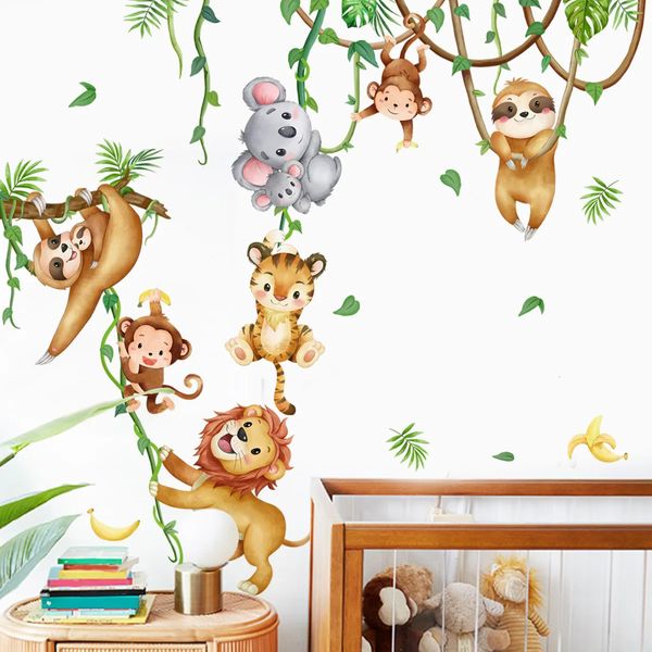 Animaux de la jungle Lion singe tigre animal mural sticker pour les chambres pour enfants autocollant mural décor de chambre murale art enfant papier peint 231221