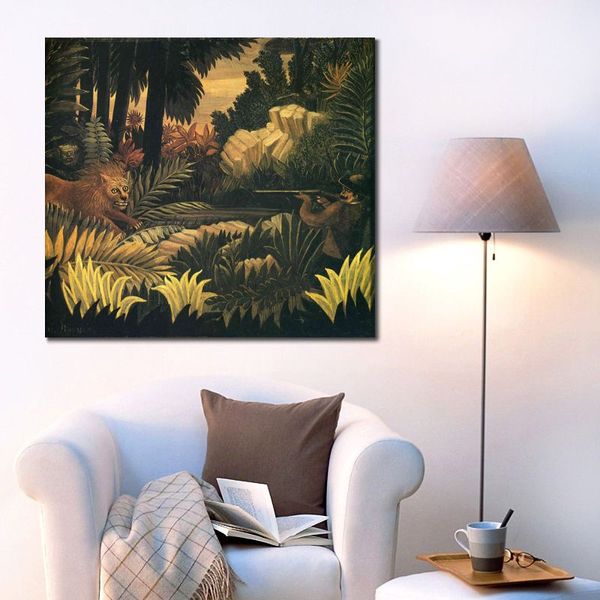 Jungle paysage toile Art le chasseur de Lion Henri Rousseau peinture à la main beau décor de salle familiale