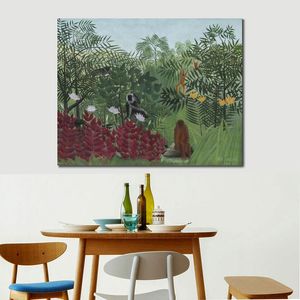 Jungle paysage toile Art forêt tropicale avec des singes Henri Rousseau peinture à la main beau décor de salle familiale