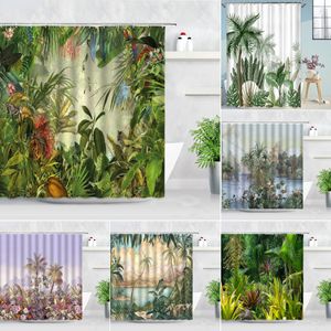 Plantas de la jungla cortina de ducha mono coco árbol de coco palmera leopardo loro hojas verdes paisaje baño decoración del hogar cortinas