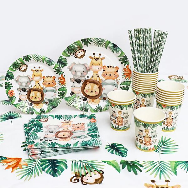 Jungle Safari Decorations Birthday Decorations Animal Disposable Varelle Forest Woodland Baby Shower Boy 1 2 3 4 5 Fournitures de fête 240411