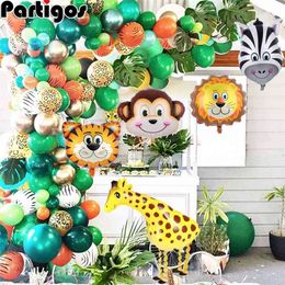 Jungle Safari Theme Party Balloon Garland Kit Animal Globos Hojas de palma para niños Fiesta de cumpleaños Baby Shower Decoraciones 210719