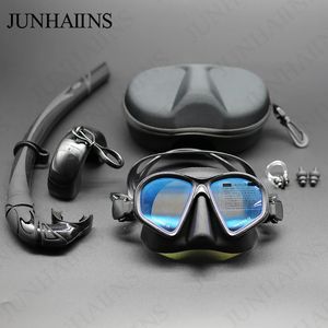Junhaiins gehard glas freediving masker snorkelen set opvouwbare snorkel jtype duiken met cameramontage 240407