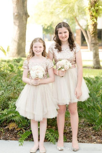 Robes de demoiselle d'honneur junior champagne haut à paillettes robe de demoiselle d'honneur de mariage courte jupe tutu en tulle robe de soirée pour fille de fleur junior 282q