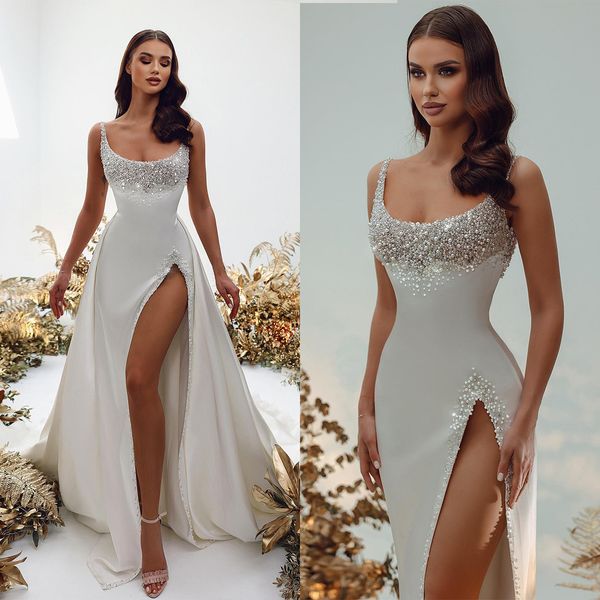 Robes De Mariée Sirène Junoesque Satin Carré Avec Perles Côté Split Robe Détachable Dos Nu Fermeture À Glissière Sur Mesure Sur Mesure Plus La Taille Robe De Mariée Vestidos De Novia