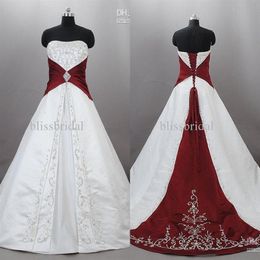 Junoesque sin tirantes satén bordado rojo y blanco vestidos de novia Zuhair Murad con cordones con tren de barrido vestidos de novia Cust225f