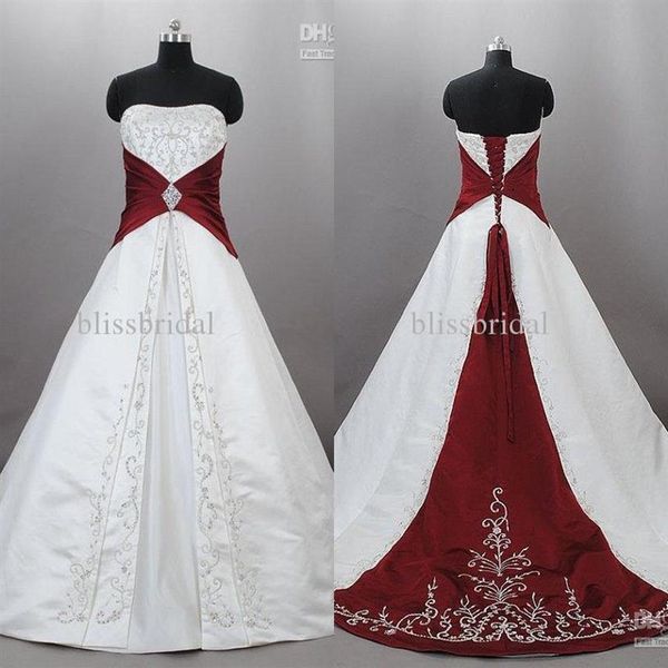 Junoesque sin tirantes satinado bordado rojo y blanco vestidos de novia Zuhair Murad con cordones con tren de barrido vestidos de novia Cust249a