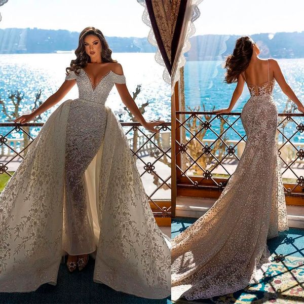 Robe de mariée Junoesque sans manches dos nu appliques perles sirène détachable balayage train dentelle robe de mariée sur mesure perle Vestidos De Novia