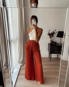 Junwu zomer dames koraal rode losse broek elastische taille vouw ontwerp comfortabele stof wijd-been broek Britse ZA-stijl Q0801