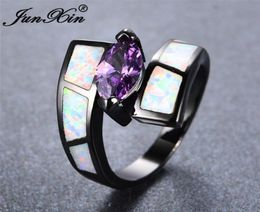 Junxin boho femelle mâle whiteblue feu Opal anneaux pour femmes en or noir rempli rose violet zircon marquise ring