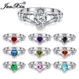 Trouwringen junxin luxe vrouwelijke hart ring claddagh wit goud gevulde sieraden mode voor vrouwen geboorte stenen geschenken1