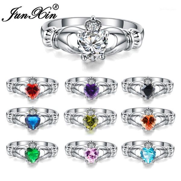 Anneaux de mariage JUNXIN luxe femme coeur anneau Claddagh or blanc rempli bijoux mode pour femmes naissance pierre cadeaux1