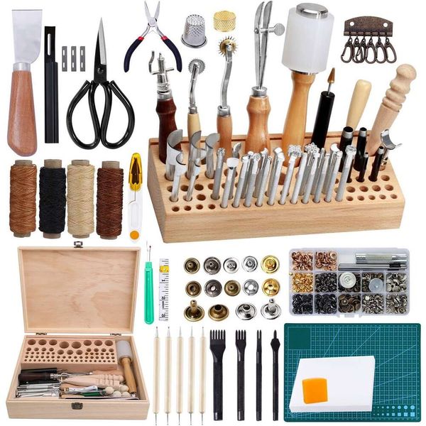 Jupean Kits de 458 pièces, outils, outils et fournitures de maroquinerie avec instructions, porte-outils, jeu de tampons, perforatrice professionnelle, perforatrice creuse pour l'artisanat du cuir