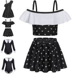 Jurebecia woensdag addams zwempakmeisjes woensdag cosplay outfit kinderen ruches mouw zwart badkleding zwart badkleding