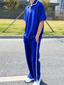 Juspinice Blue T-shirt Pantalon décontracté en deux pièces Personnalité Mentide Drape Loose Sports Suit Summer Matching Set Mens Clothing Y2K 240522