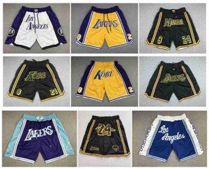 Just Don Lakers Short de basket-ball Angeles Mamba Los Bryant Sports Hip Pop Pantalon de course d'été avec poche zippée cousue jaune blanc