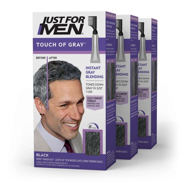 Just for Men Touch of Grey Color de cabello con aplicador de peine, T-55 negro, paquete de 3