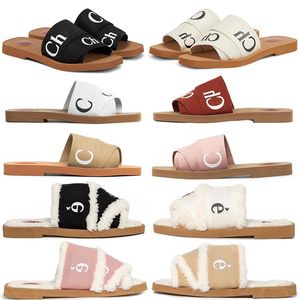 Diseñador Piel Invierno Woody Sandalias Mujer Lana de nieve Sandalia Mulas Diapositivas planas Bronceado claro Beige Blanco Negro Rosa Encaje Letras Tela Lona Zapatillas Zapatos de mujer 35-42